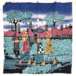 batik fabric panel Bali Indonesia artwork Balinese women village scene 18 by 19